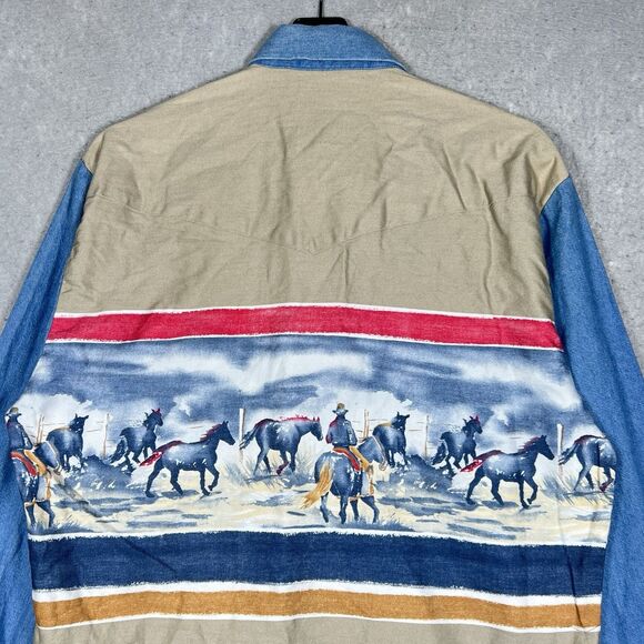 VTG Roper Western Border Rodeo Print Shirt Men’s Large Cowboy Rodeo Ranch Horses - Picture 10 of 14